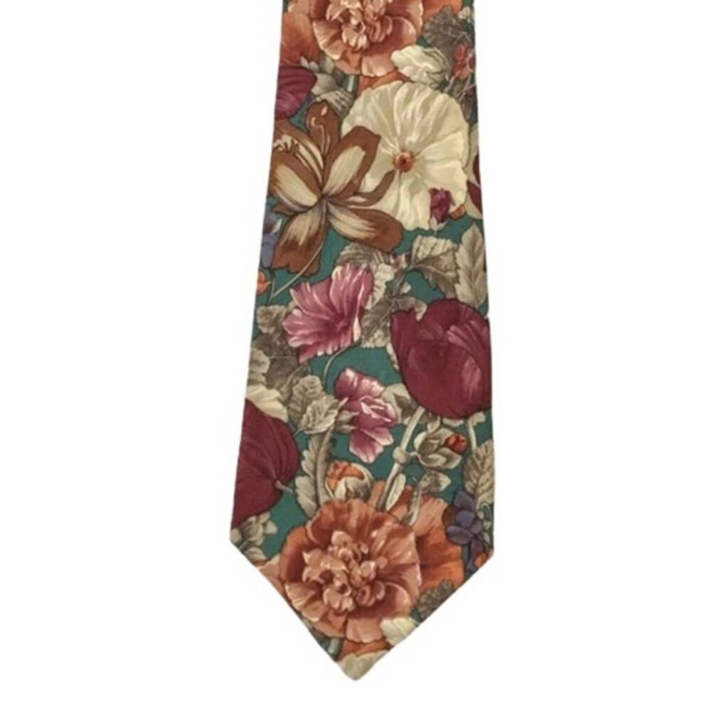 Richel Multi Color Maroon Green Brown Floral Design Silk Tie